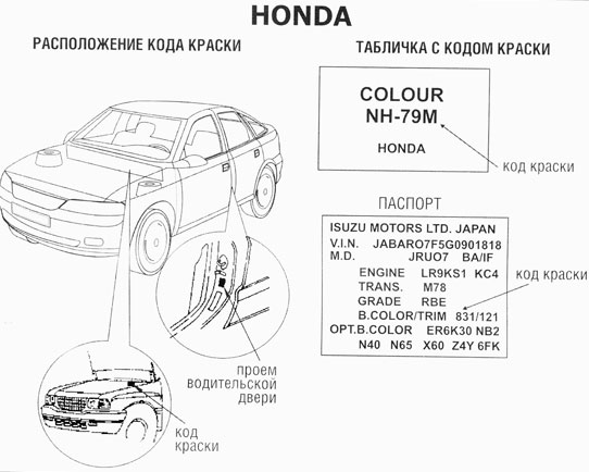 Расположение кода краски на Honda