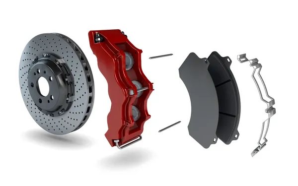 Демонтированный тормозной диск с красным кронциркулем от гоночного автомобиля — стоковое фото