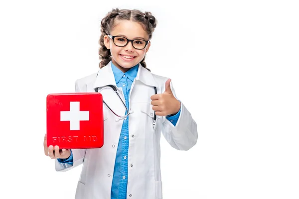 Schoolchild Costume Doctor Holding First Aid Kit Showing Thumb Isolated — стоковое фото