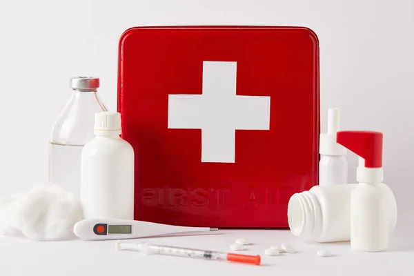 Close Shot Red First Aid Kit Box Different Medical Bottles — стоковое фото